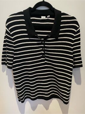 GAP Black and White Striped Knit Polo